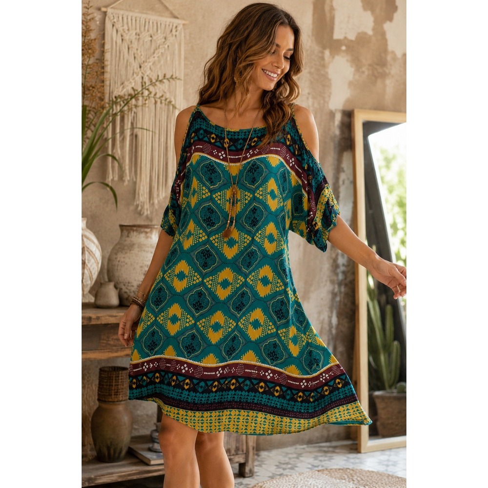 Angie Boho Tribal Print Cold Shoulder‎ Shift Dress Women's M Teal Mustard